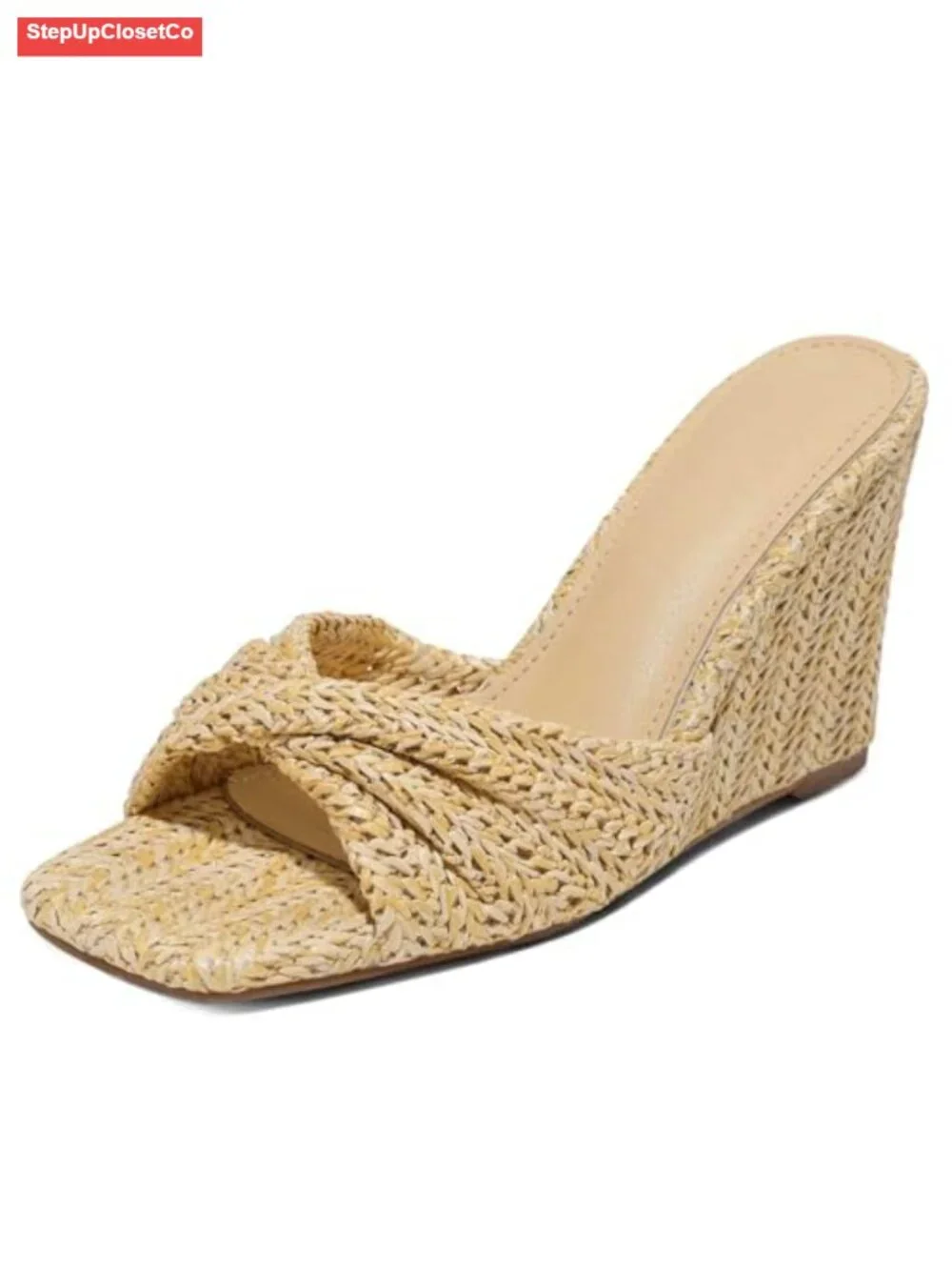Woven Raffia Wedge Sandals Slip On Square Open Toe Dressy Mules
